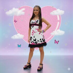 Speckles Juniors Floral Babydoll Sweetheart Neck Sleeveless Mini Dress 9 Y2K